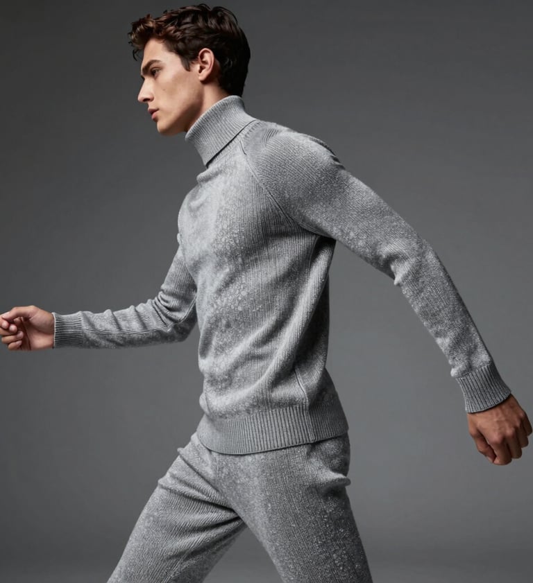 A dynamic shot of the model in motion, blurred background in charcoal grey. He is wearing high-end fashion knitwear in silver grey. The lighting is directional, highlighting the fabric texture and the model's profile.