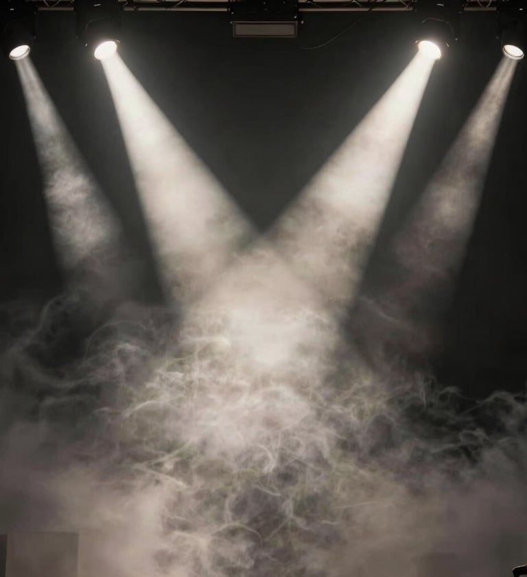 Abstract photography of intense stage spotlights piercing through a thick layer of smoke, creating geometric patterns, minimalist composition in black and off-white, rock-and-roll atmosphere, Western European / Dutch venue context.