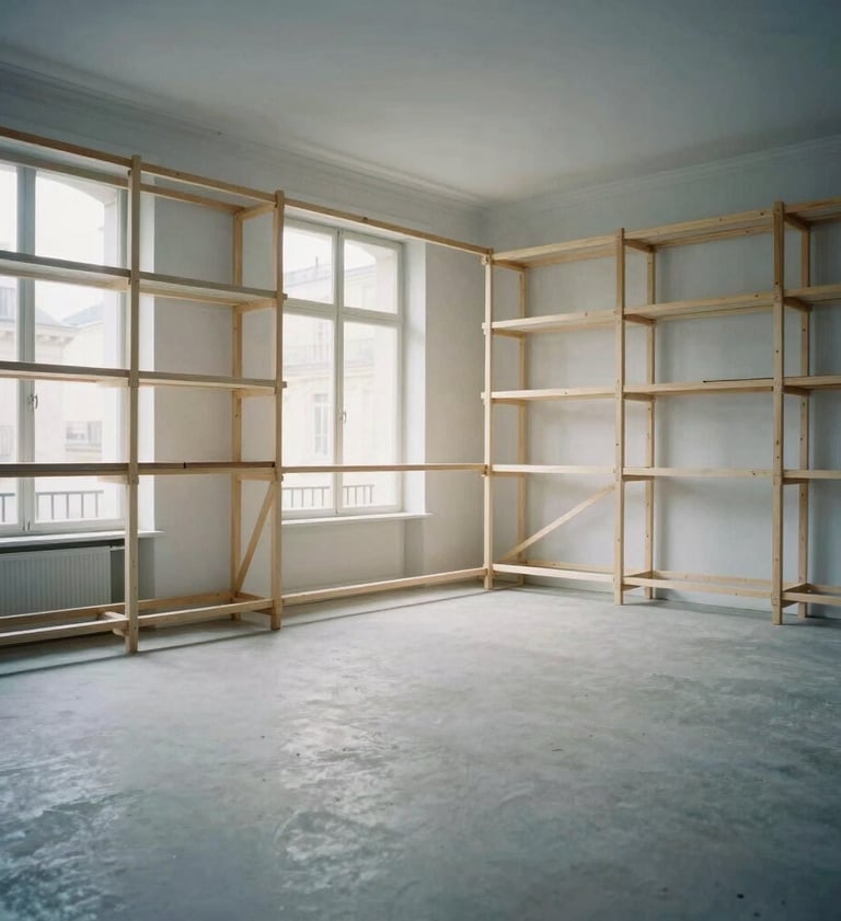 A wide-angle photography shot of an empty, high-end film set in a Parisian loft. The composition shows wooden scaffolding and translucent panels. Natural, soft daylight from large windows creates an immersive, minimalist atmosphere. The color palette includes slate gray and off-white tones. Western European / French context.