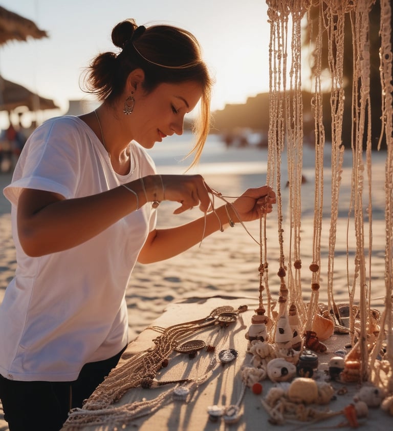 Artesana elaborando joyería boho y piezas de macramé en un taller al aire libre frente al mar.
