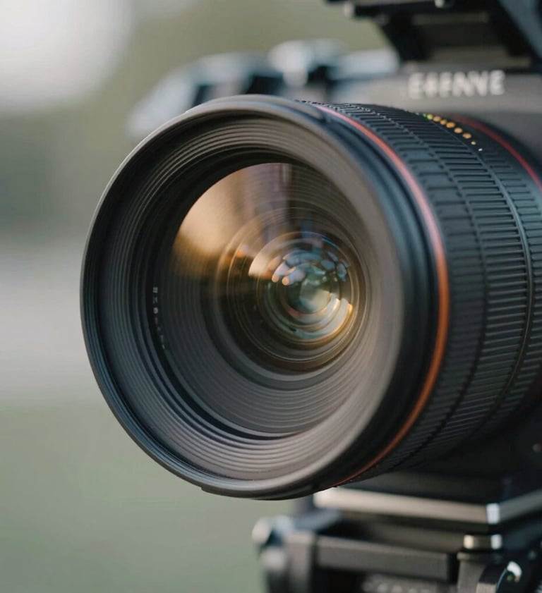 A close-up, artistic shot of a high-end cinema camera lens reflecting soft golden light. The background is a blurred garden scene with #CFC7BB and #6E6D74 tones, embodying professional elegance.