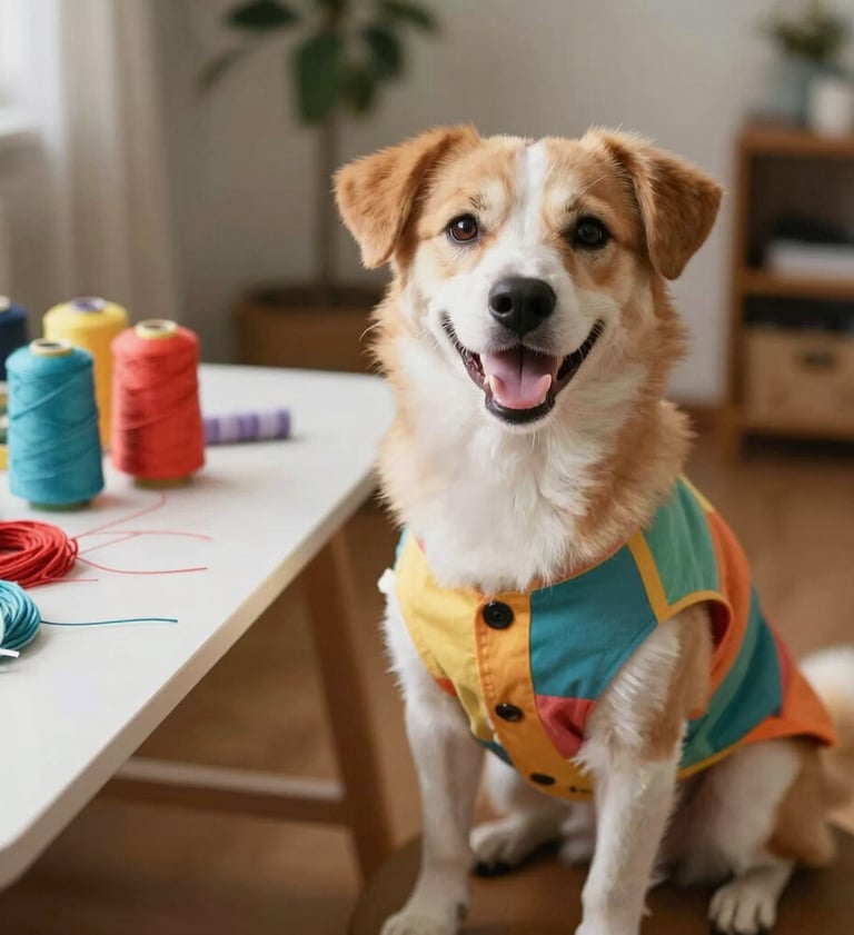 perro con chaleco colorido al lado de una mesa con hilos