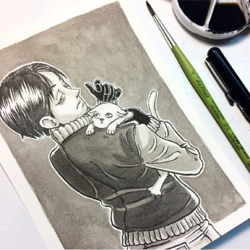 ilustracion de tinta china con imagen de una joven con gato en brazos