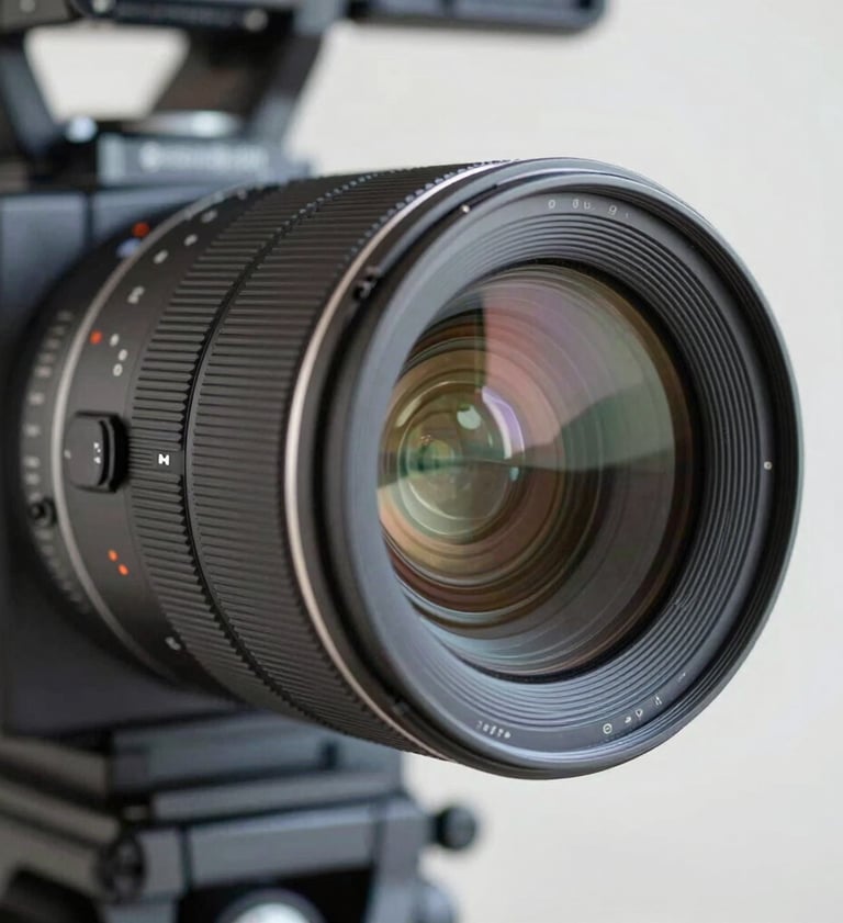 Extreme close-up of a high-end cinema camera lens reflecting a soft studio light setup. The image features a mix of metallic textures and glass, incorporating the brand colors #8C9CA6 and #F2F5F7 in the highlights.