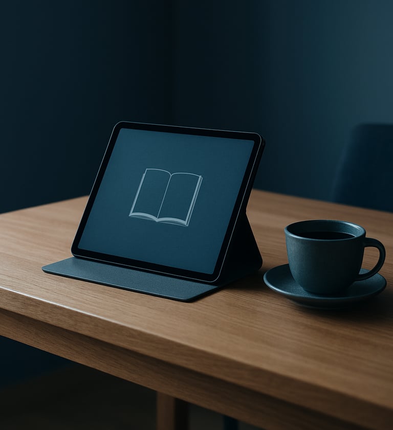 A minimalist wooden desk in a modern South American home office, a digital tablet propped up showing an elegant book cover, a single cup of coffee, lighting in dark blue and steel blue tones.
