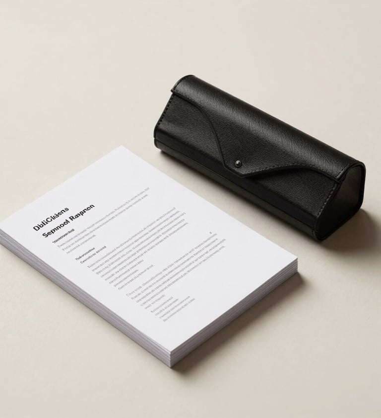 A minimalist composition of a spectacles case and a stack of printed policy reports on a light cream surface. The aesthetic is clean, professional, and intellectually focused, with deep espresso shadows.