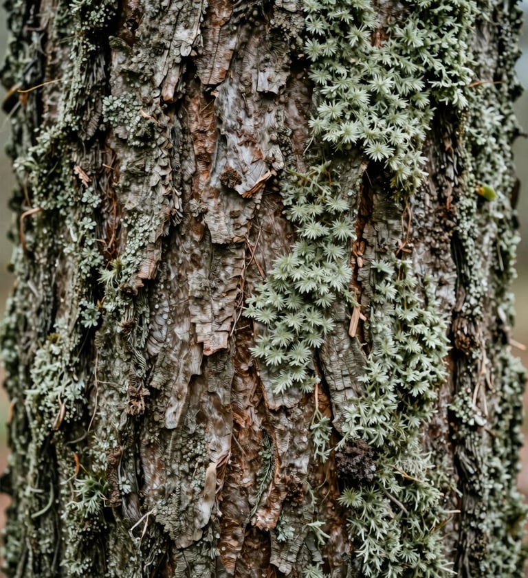 Macro photography of textured tree bark covered in soft green moss. Soft natural lighting in a North American woodland. Earth brown and muted sage tones dominate the frame. High detail, clean aesthetic.