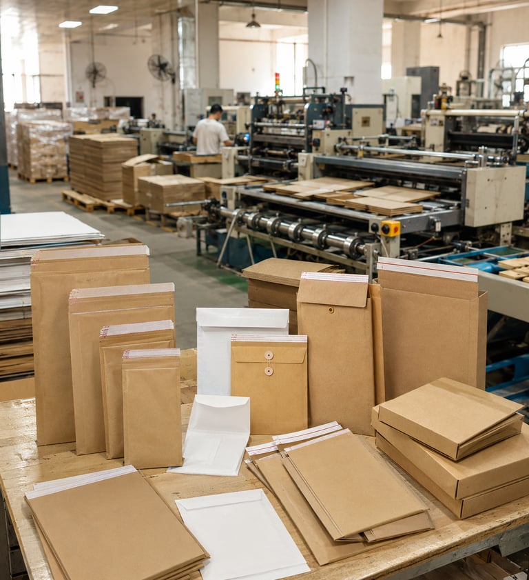 Kraft paper mailers on a production line for paper packaging manufacturing