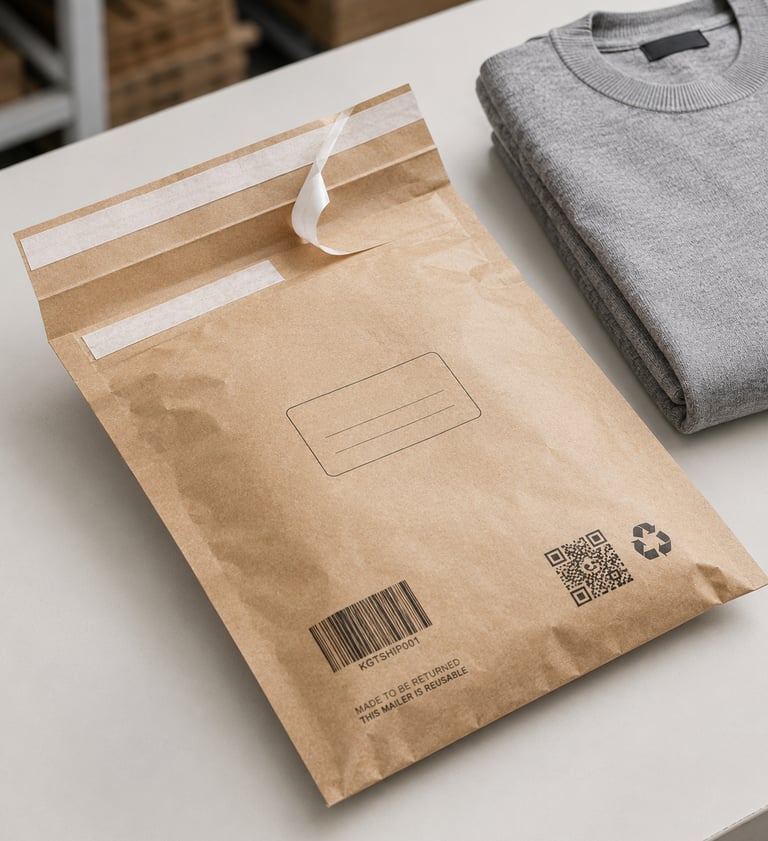 Custom printed returnable kraft paper mailer with QR code, barcode and recycling mark for apparel e-