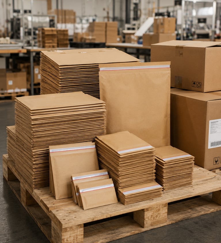 Assorted private-label kraft paper mailers prepared in bulk for packaging distributors and wholesale