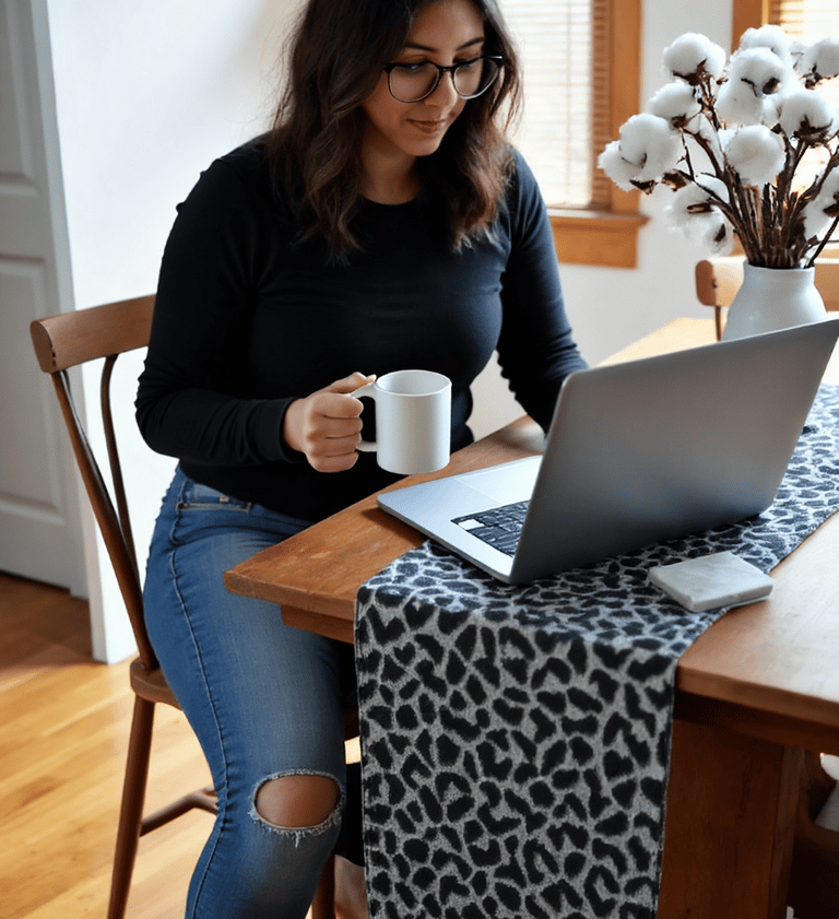 a woman sitting at a table with a cup of coffee