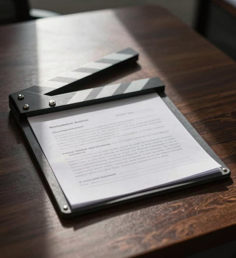 A polished desk in a North American / US office with a script and a charcoal gray producer's slate, dramatic noir shadows across the surface.