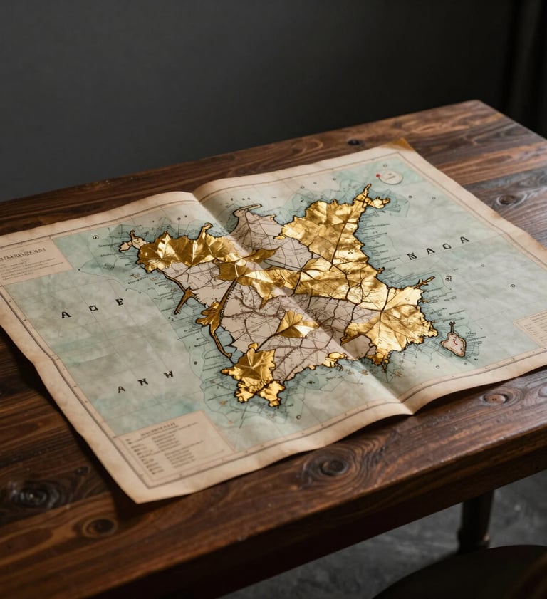 Photography of an antique map of Angola resting on a dark wood table, illuminated by a single spotlight, featuring gold leaf details and a dark slate grey environment.