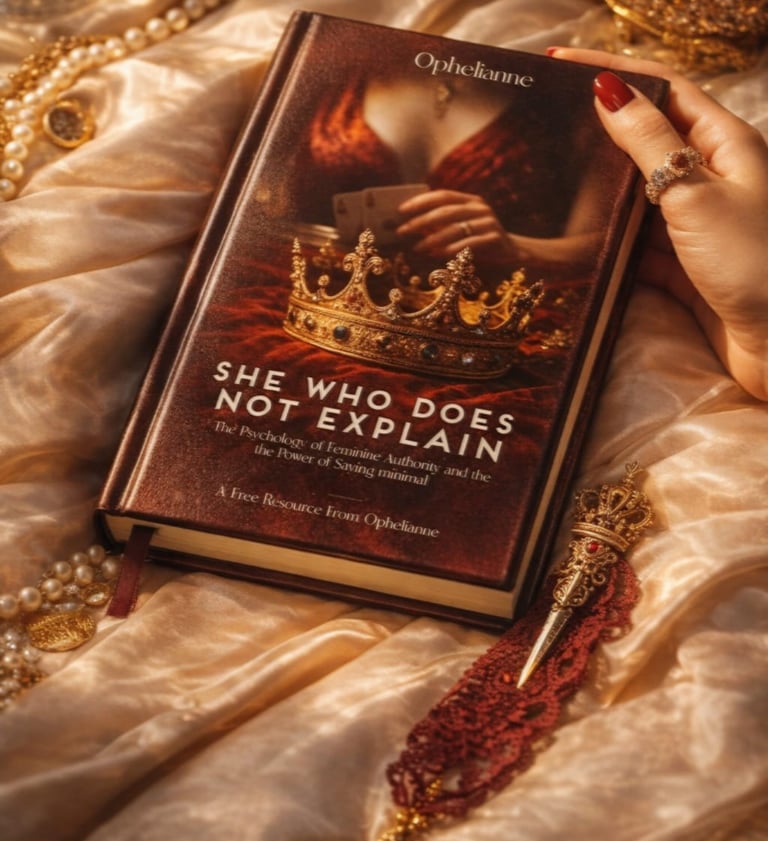 Ophelianne book "She Who Does Not Explain" on silk fabric surrounded by gold jewelry and pearls