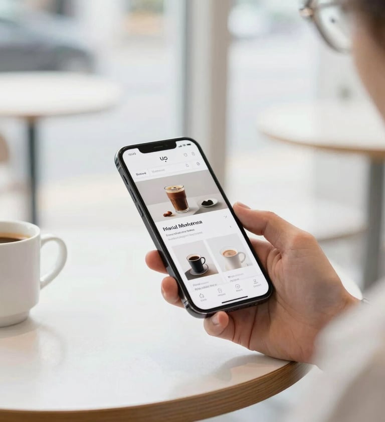 A person using a smartphone to navigate a modern, minimalist website while sitting in a bright North American / US coffee shop, soft natural lighting and pure white tones.