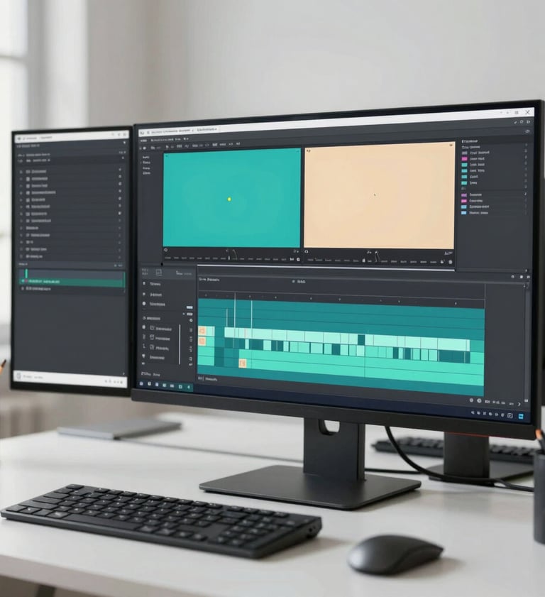 A clean, modern workspace with a high-end dual-monitor setup showing a complex video editing timeline with Teal and Soft Sand UI elements, illuminated by soft natural light, conveying professional craftsmanship.