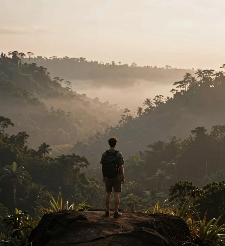 A vertical shot of a solo traveler looking over a misty Bali jungle valley at dawn. Soft, ethereal light with a warm glow, featuring deep brown shadows (#2C2B29) and soft beige highlights (#D4C7BB). Minimalist and peaceful.