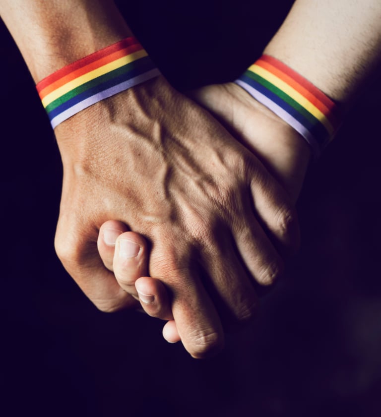 Two men holding hands with pride bands
