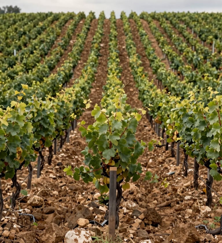Close panoramic view of vineyard rows in León's meseta, stony clay soil visible between vines, overcast northern light, low horizon, no people, muted greens and ochres