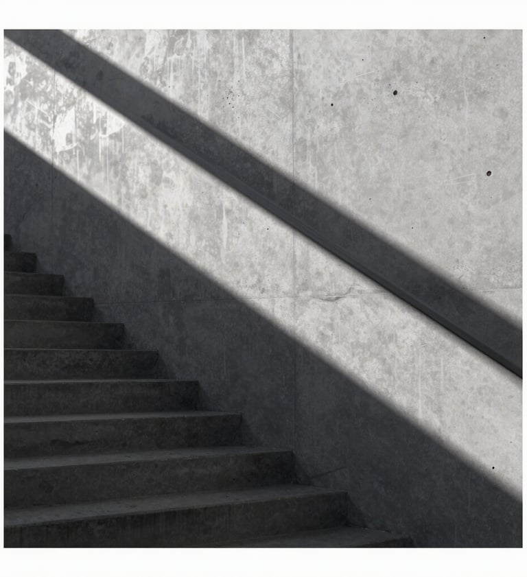 Vertical shot of a concrete staircase with long, geometric shadows of the handrail. High contrast using #2F363F and #D0D5DB tones, refined and understated.