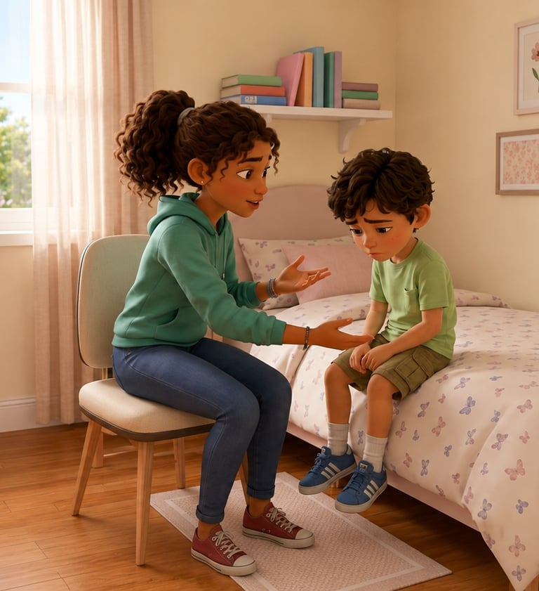 A sister comforts her sad little brother sitting on a bed in a bright, modern nursery room.