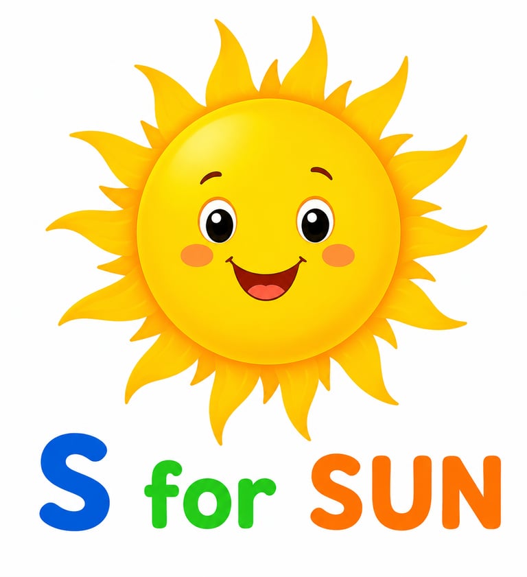 A happy cartoon sun with a smiling face and text reading S for Sun for alphabet learning.