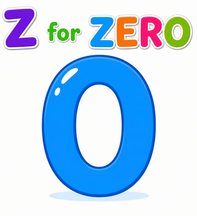 Educational graphic showing letter Z for zero with a large blue number 0 for kids learning.