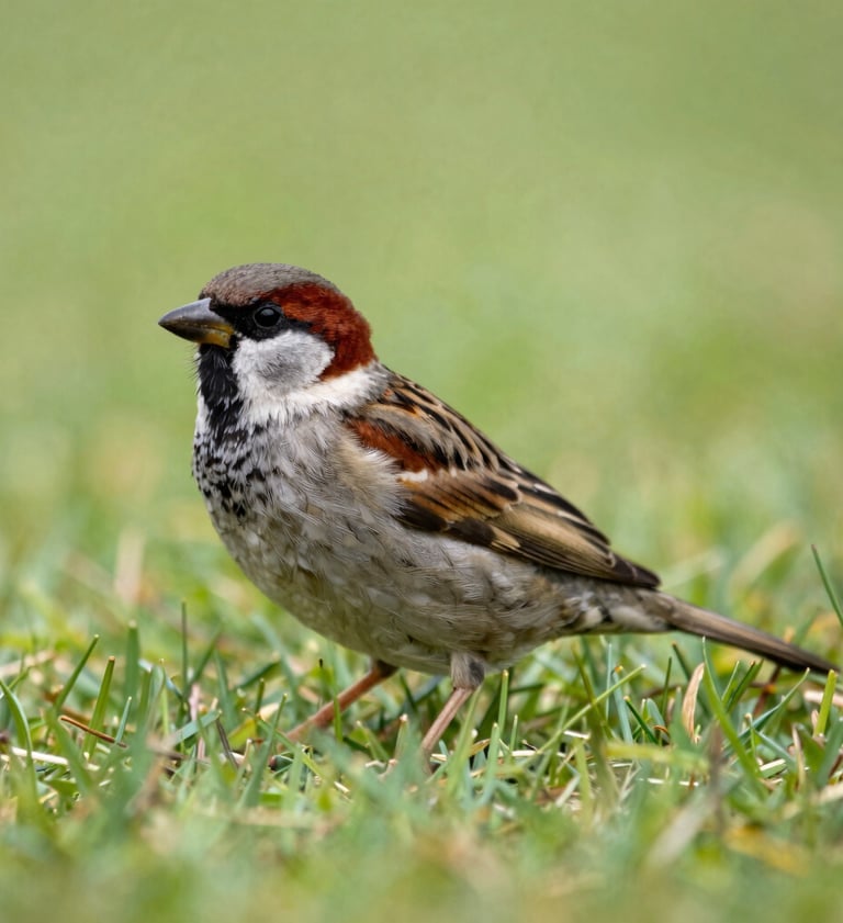 Sparrow on a garden lawn, a close wildlife scene showing the bird resting in the grass.
