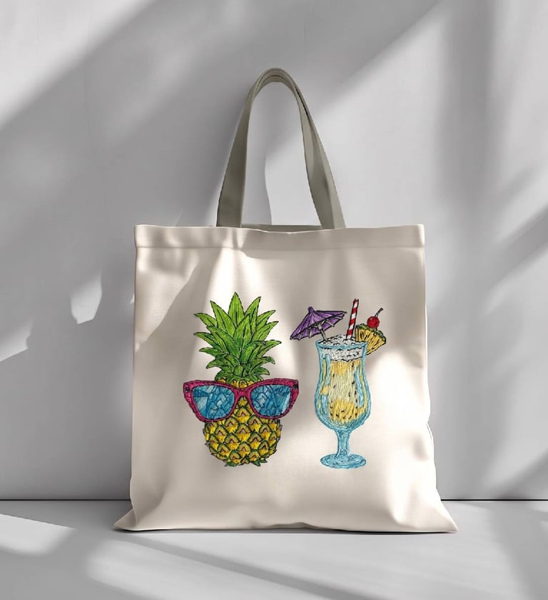 Bolsa de manta pina con lentes y pina colada bordada a mano