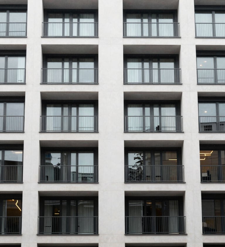Geometric medium shot of a clean, modern apartment facade in South East London, architectural details, overcast daylight, 35mm.