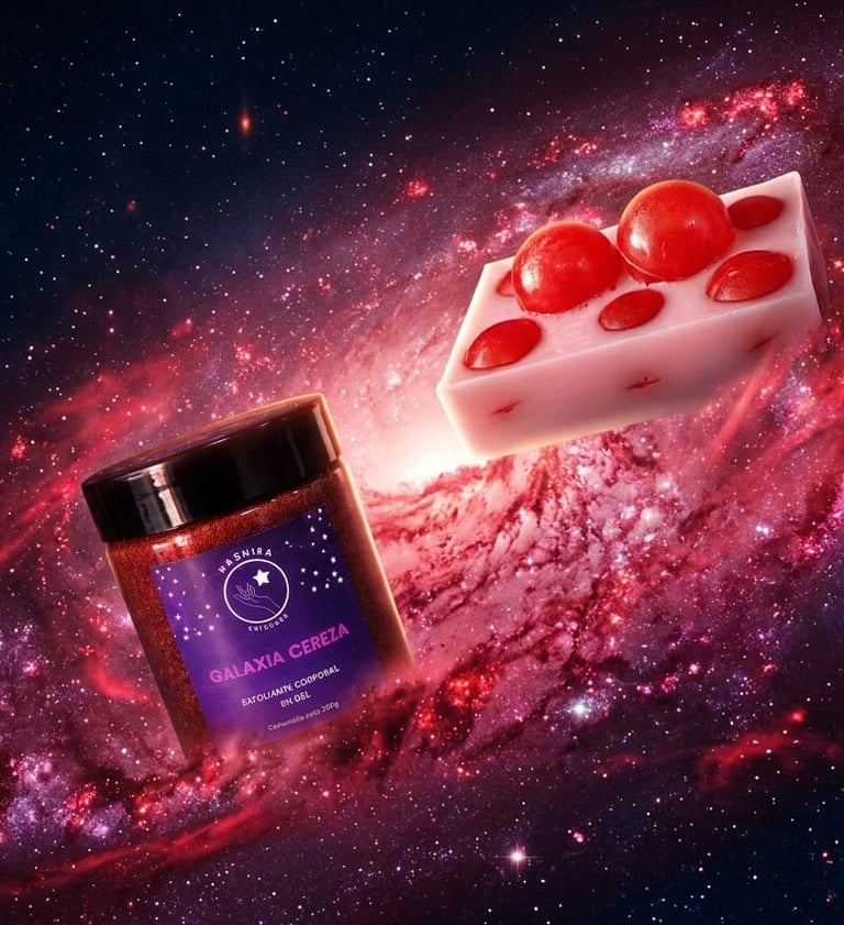 Exfoliante corporal y jabón artesanal «Galaxia Cereza», flotando en una vibrante nebulosa roja
