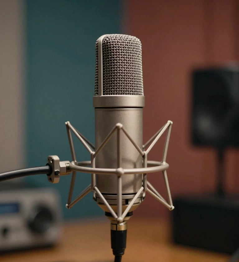 A high-end professional condenser microphone in a cozy, sound-treated North American studio. The lighting is warm and cinematic, featuring muted teal and terracotta tones in the background bokeh.
