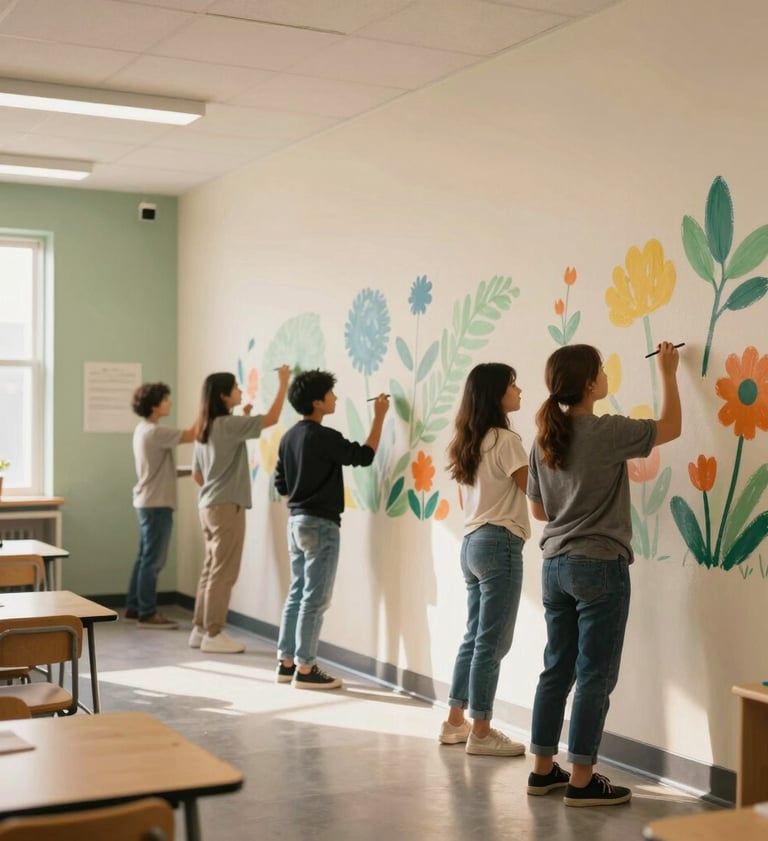A wide shot of a brightly lit North American / US classroom studio where a collaborative large-scale mural is being painted on a canvas wall. Warm natural light fills the room, highlighting soft cream and sage green wall accents. Professional photography style with a shallow depth of field.
