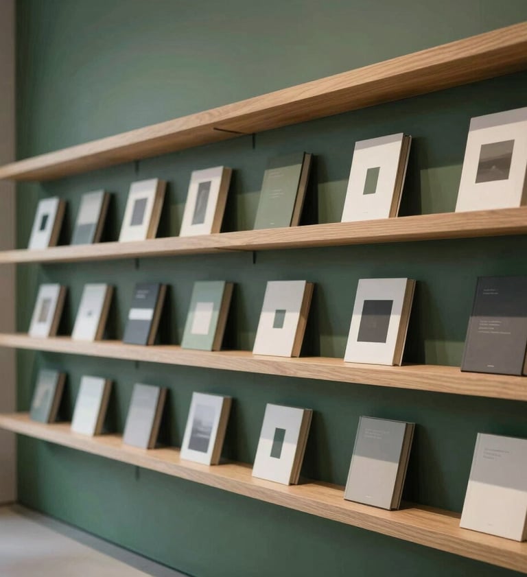 Sophisticated architectural detail of a gallery interior with floating wooden shelves displaying minimalist art books. Natural, soft lighting highlights the clean lines and refined atmosphere. Palette features deep greens and soft grays.