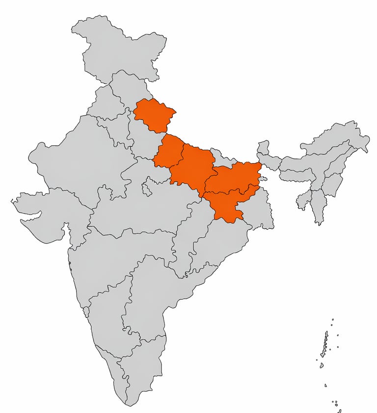 Map of India with northern and eastern states highlighted in orange to show regional geographic locations.