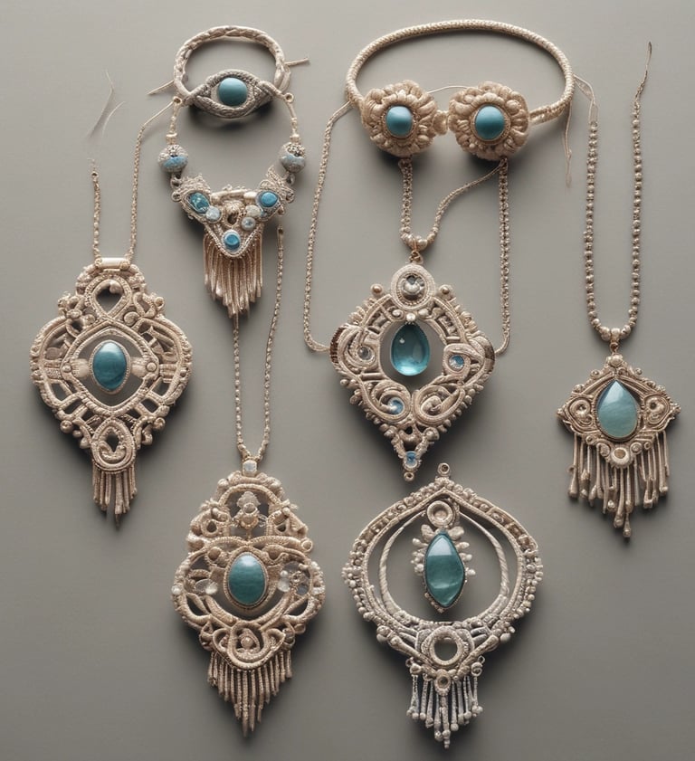 Piezas artesanales de macramé con piedras preciosas.