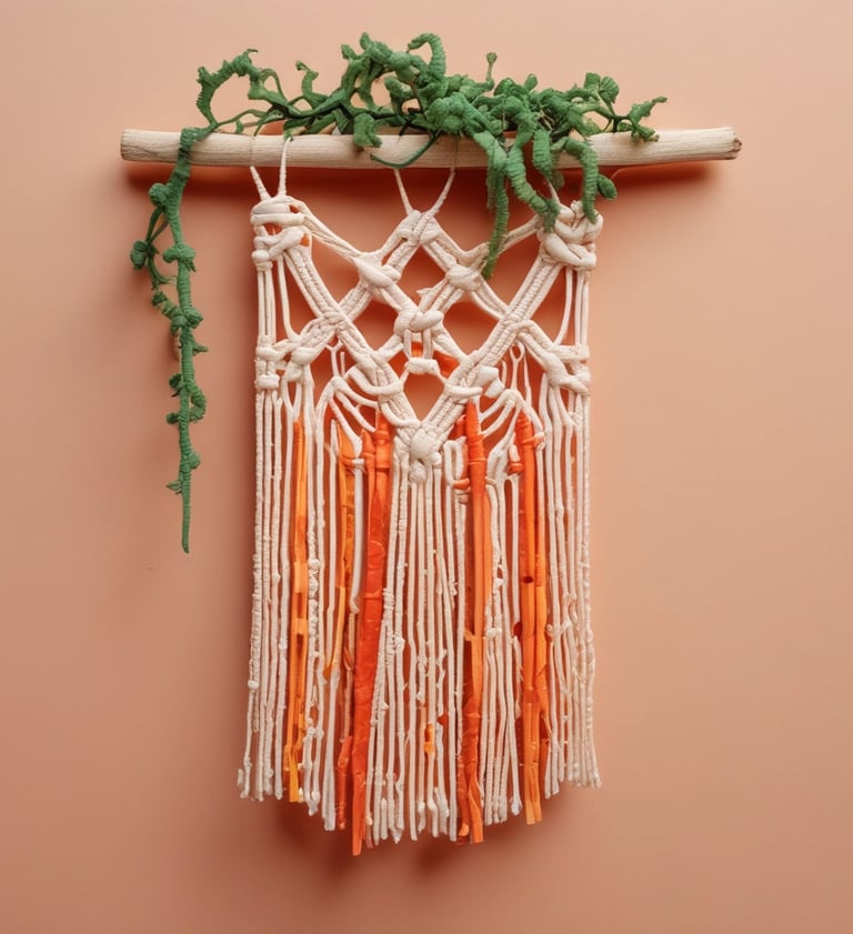 Decoración de macramé sobre fondo anaranjado
