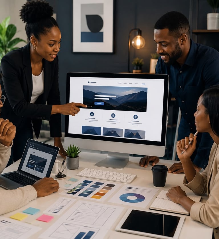 Professional digital agency team collaborating on website design and business growth strategies.