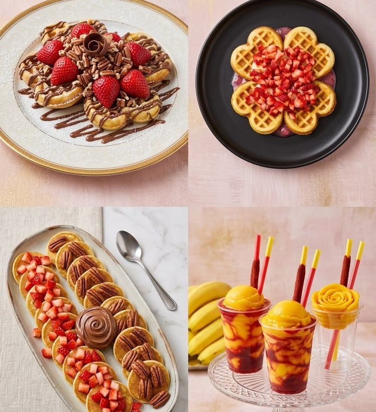 Un collage de postres gourmet para el desayuno, que incluye waffles en forma de corazón con fresas
