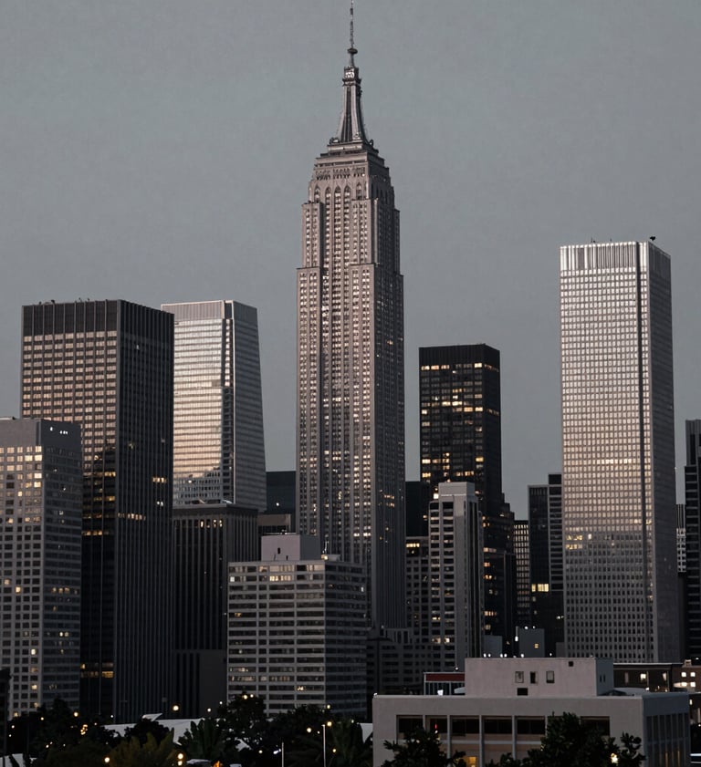 Atmospheric photography of a North American / US urban skyline at dusk. The buildings are rendered in silver grey and charcoal black, with the first soft off-white lights of the evening beginning to glow against a cool grey sky.