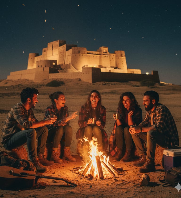 Friends enjoy a desert campfire at night with an illuminated historic fort in the background.