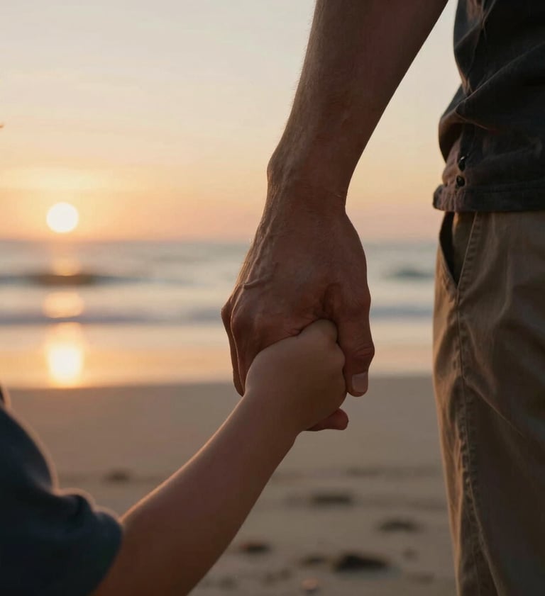 Close-up cinematic shot of a parent's hand holding a child's hand against a backdrop of a North American / US beach at sunset. Warm golden light and deep charcoal shadows create a heartfelt mood.