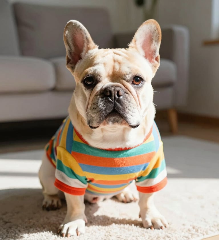 Un bulldog francés de color canela con una colorida camiseta a rayas está sentado sobre una alfombra en una luminosa sala