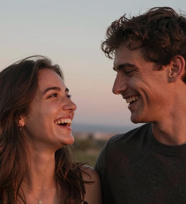 Intimate, candid portrait of a couple sharing a quiet laugh. Soft sunset light casting warm terracotta hues on their faces, shallow depth of field, natural and spontaneous, Spain / Southern Europe.