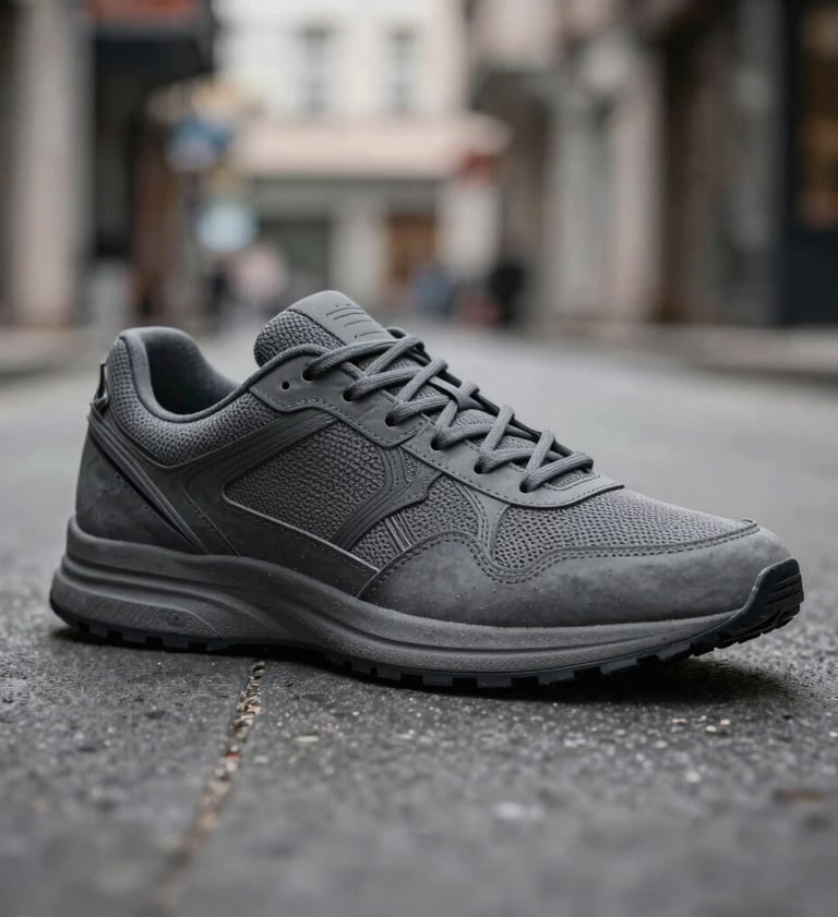 Crisp photography of a designer sneaker showing intricate textures on a minimalist charcoal gray surface. Luxury fashion aesthetic in a Turkish / Istanbul environment.