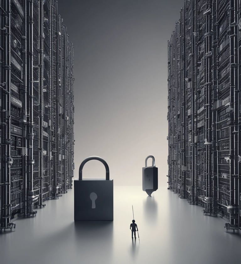 A small figure stands between massive server towers and large padlocks, representing data security and cybersecurity.