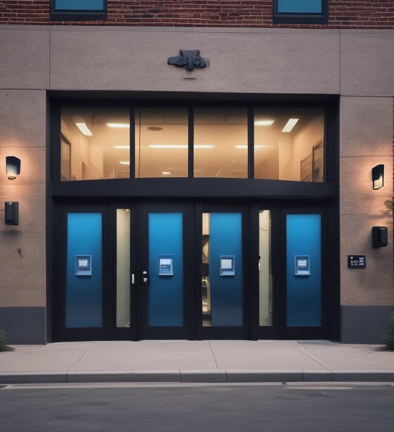 Modern commercial building entrance with glass doors, blue security panels, and outdoor wall lighting.