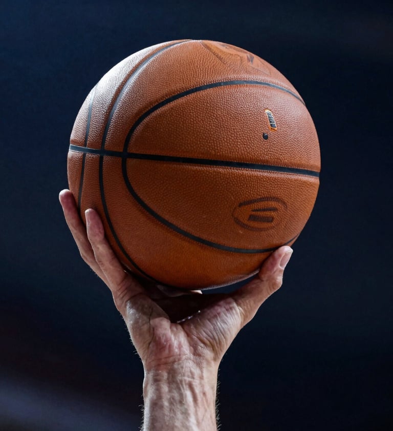 Close-up action photography of a basketball player's hand gripping a ball mid-dunk. Dark blue background with moody shadows, sharp focus on skin texture and the leather of the ball, high-energy professional sports aesthetic, Western / International.