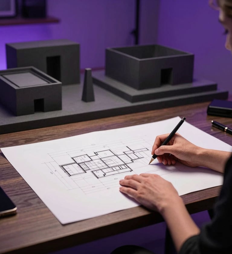 An architectural designer working on a high-tech modern drafting desk in a sophisticated Mexico / Latin America studio. Background elements feature dark purple ambient lighting and charcoal structural scale models.