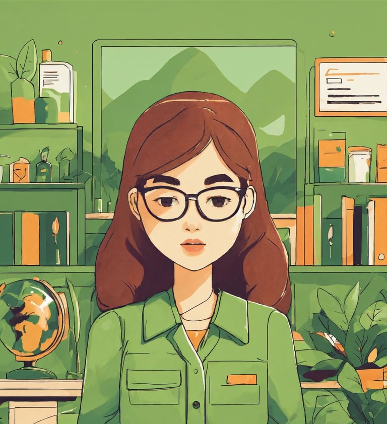 a japanese woman in a green shirt and glasses holding a tablet